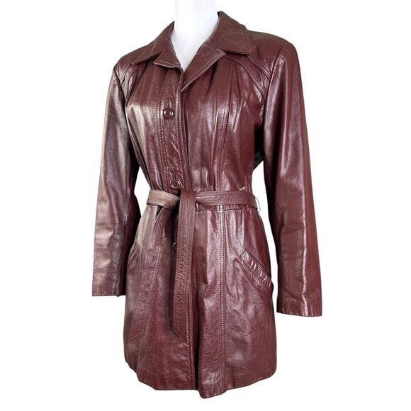 Vintage 70s  Leather Jacket L Burgundy Button Belted Classic Directions Coat - Picture 2 of 11